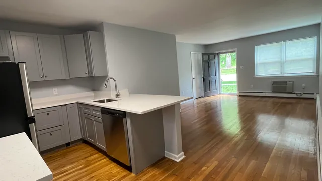 a kitchen with a sink cabinets and wooden floor