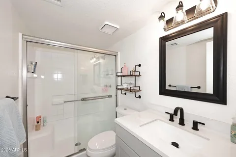 a bathroom with a sink a mirror a toilet and shower