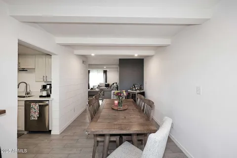 a view of a dining room with furniture