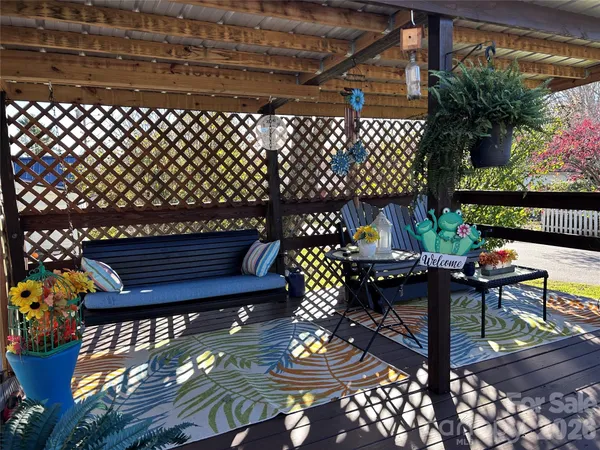 a patio view with a seating space