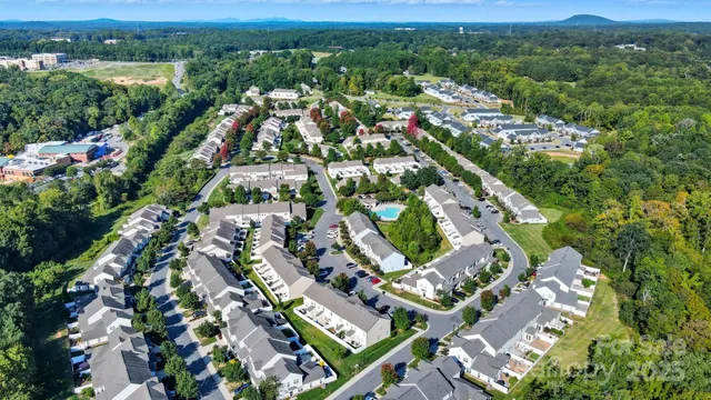 a view of swimming pool with a yard and palm trees