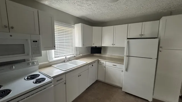 a kitchen with a sink a stove a refrigerator and cabinets