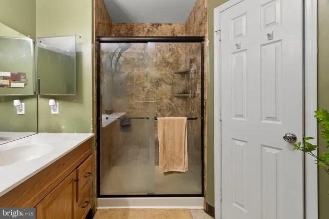 a bathroom with a shower and a sink