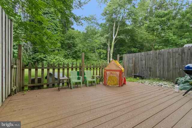 a garden view with a seating space