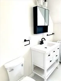 a bathroom with a sink toilet and mirror
