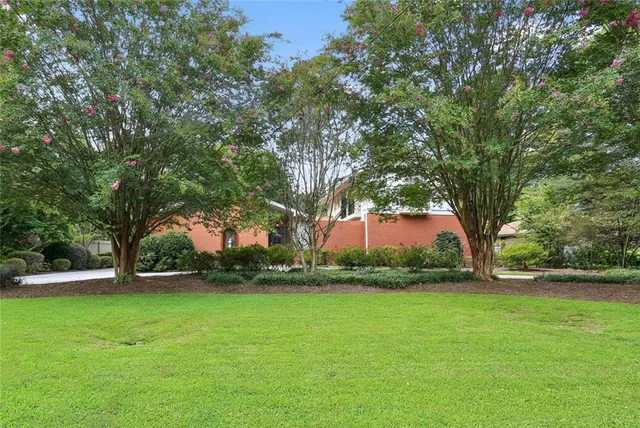 a view of yard with green space and trees