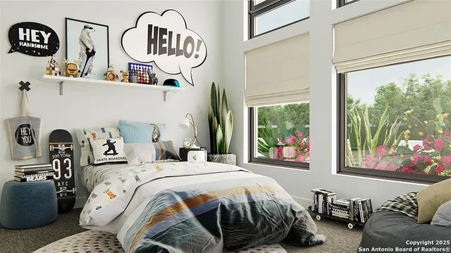 a bedroom with bed and a window