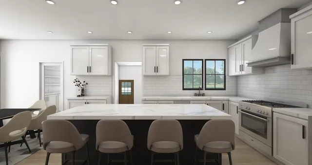 a kitchen with a table chairs sink and cabinets