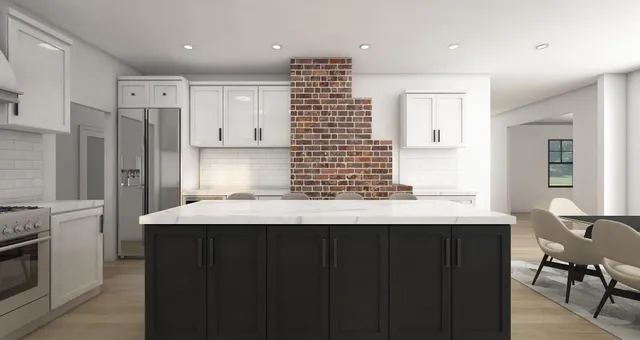 a kitchen with a sink refrigerator and cabinets