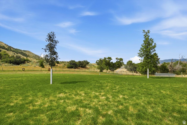 3123 East Riverdale Road Preston, ID 83263 - Photo 36 of 52 Expansive grassy area with two young trees, backed by a wood fence, distant trees, and a mountain landscape