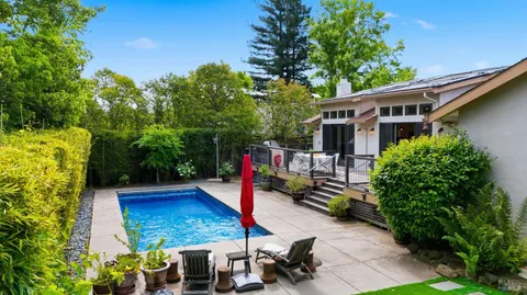 a view of a backyard with plants and a patio