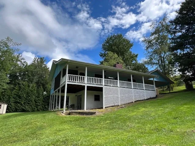 a view of a house with a yard and a large tree