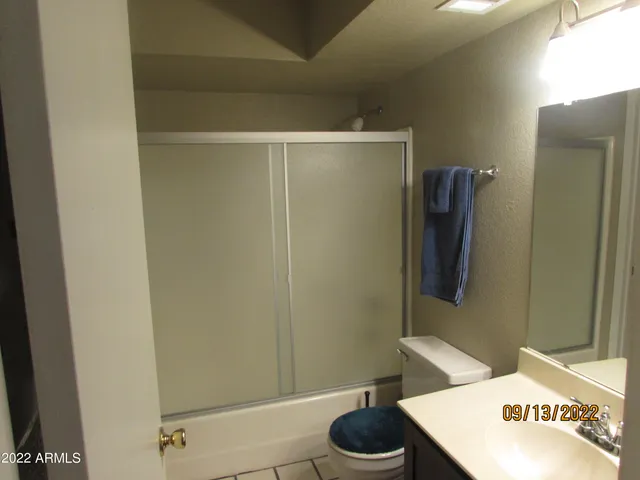a bathroom with a shower and a toilet