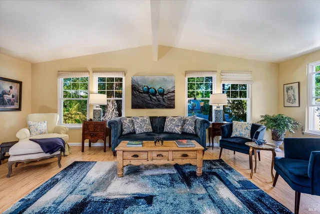 a living room with furniture a rug and a large window
