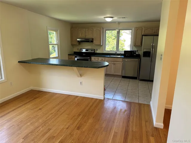 a kitchen with a sink a window a wooden floor and stainless steel appliances