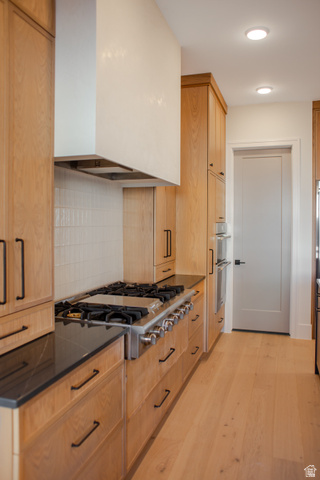 4658 South 380 East Washington, UT 84780 - Photo 10 of 10 Kitchen featuring light wood-type flooring, stainless steel appliances, dark stone countertops, decorative backsplash, and recessed lighting
