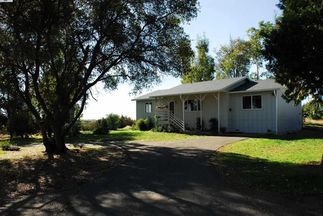 a front view of a house with yard and green space