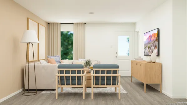 a balcony with furniture and window