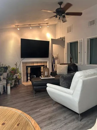 a living room with furniture a flat screen tv and a fireplace