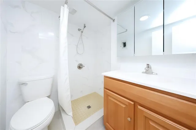 a bathroom with a sink a toilet and shower
