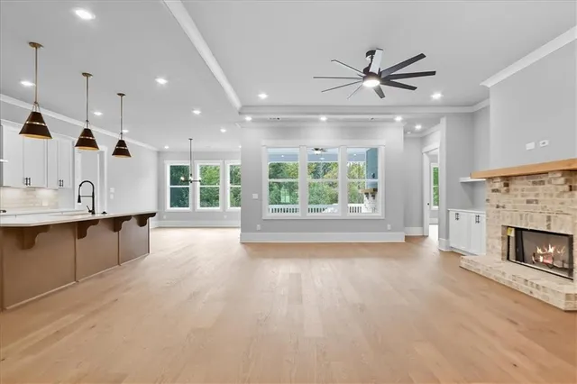 a living room with a fireplace