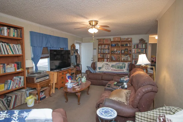a living room with furniture and a book shelf
