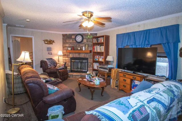 a living room with furniture a flat screen tv and a fireplace