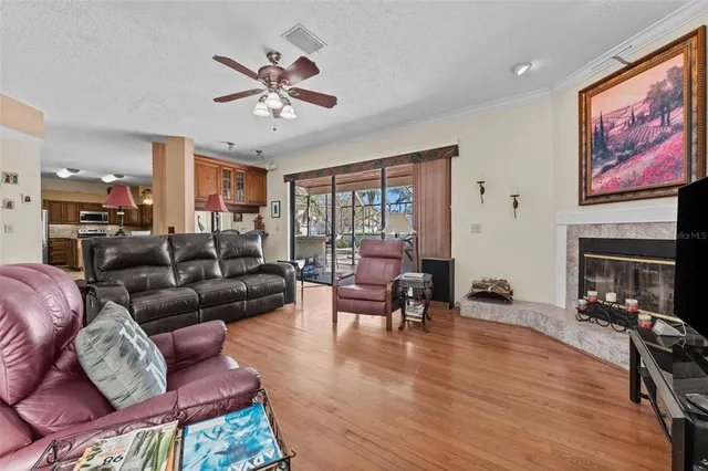 a living room with fireplace furniture and a flat screen tv