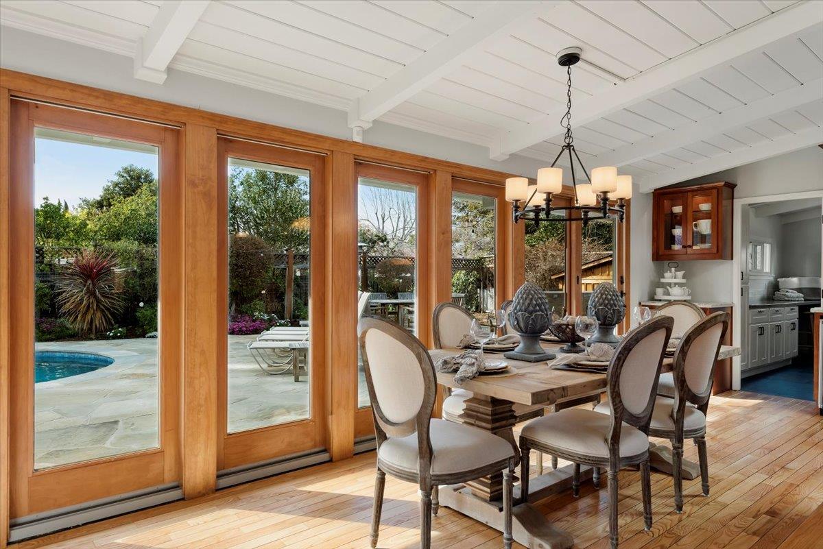 466 Springer Road Los Altos, CA 94024 - Photo 22 of 52 a view of a dining room with furniture large windows and wooden floor