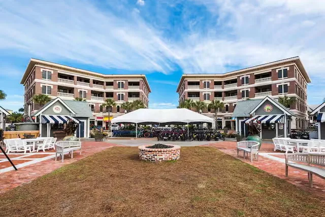 a view of a yard and palm trees