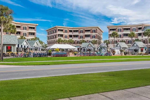 front view of a building with a street