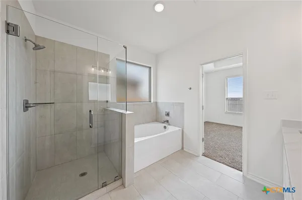 a bathroom with a bathtub and a shower