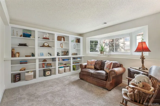 a living room with furniture and a book shelf