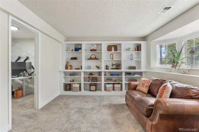 a living room with furniture and walk in closet