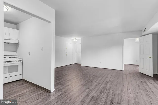 a view of empty room with wooden floor