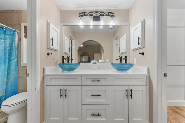 a bathroom with a sink and a mirror