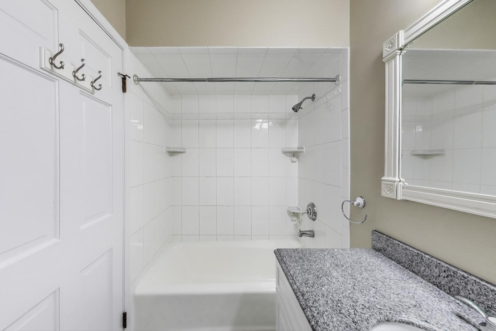 636 West Grace Street, Unit 2W Chicago, IL 60613 - Photo 19 of 26 a bathroom with a granite countertop bathtub shower and vanity