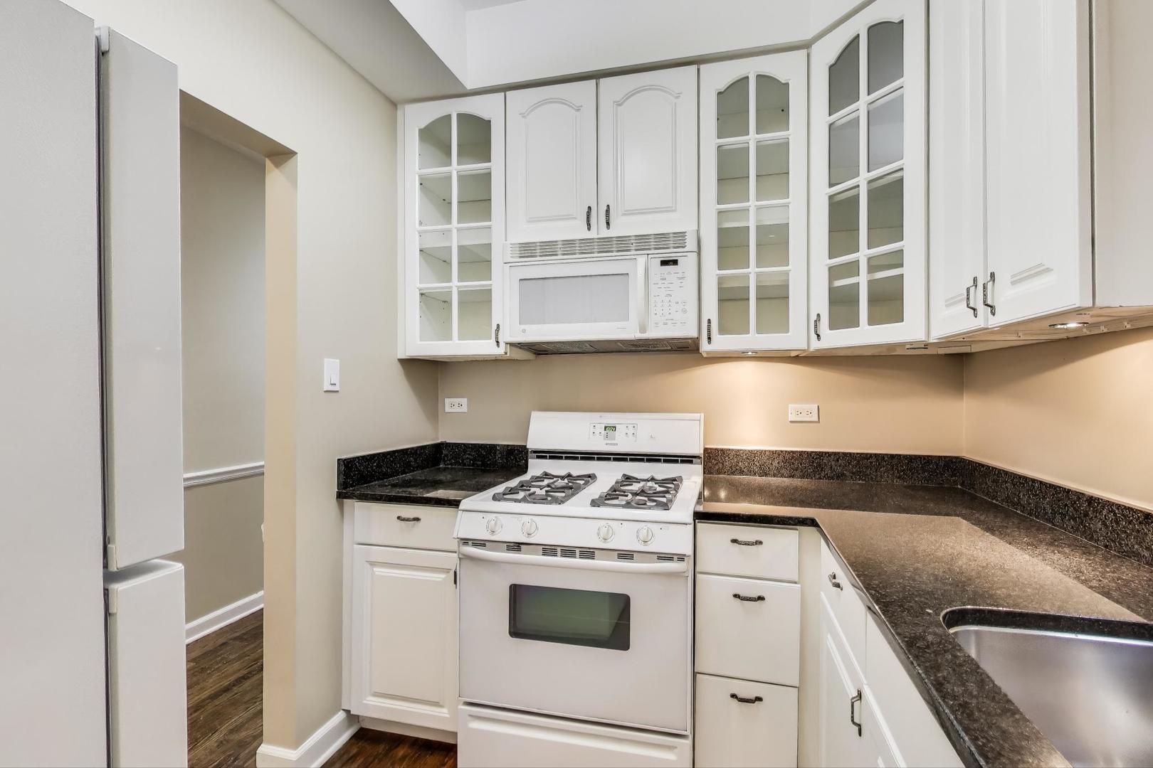 636 West Grace Street, Unit 2W Chicago, IL 60613 - Photo 10 of 26 a kitchen with granite countertop a stove a sink and a microwave