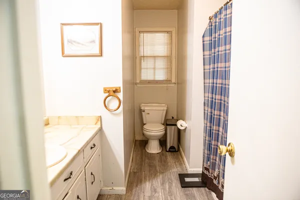 a bathroom with a toilet a sink and a shower curtain