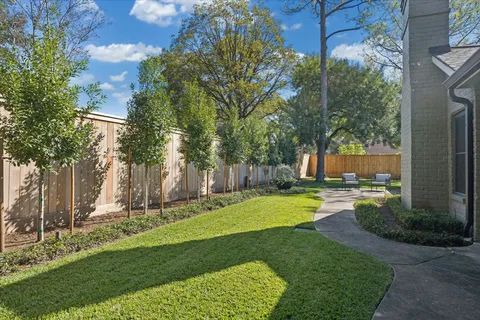 a view of a backyard with plants and a patio