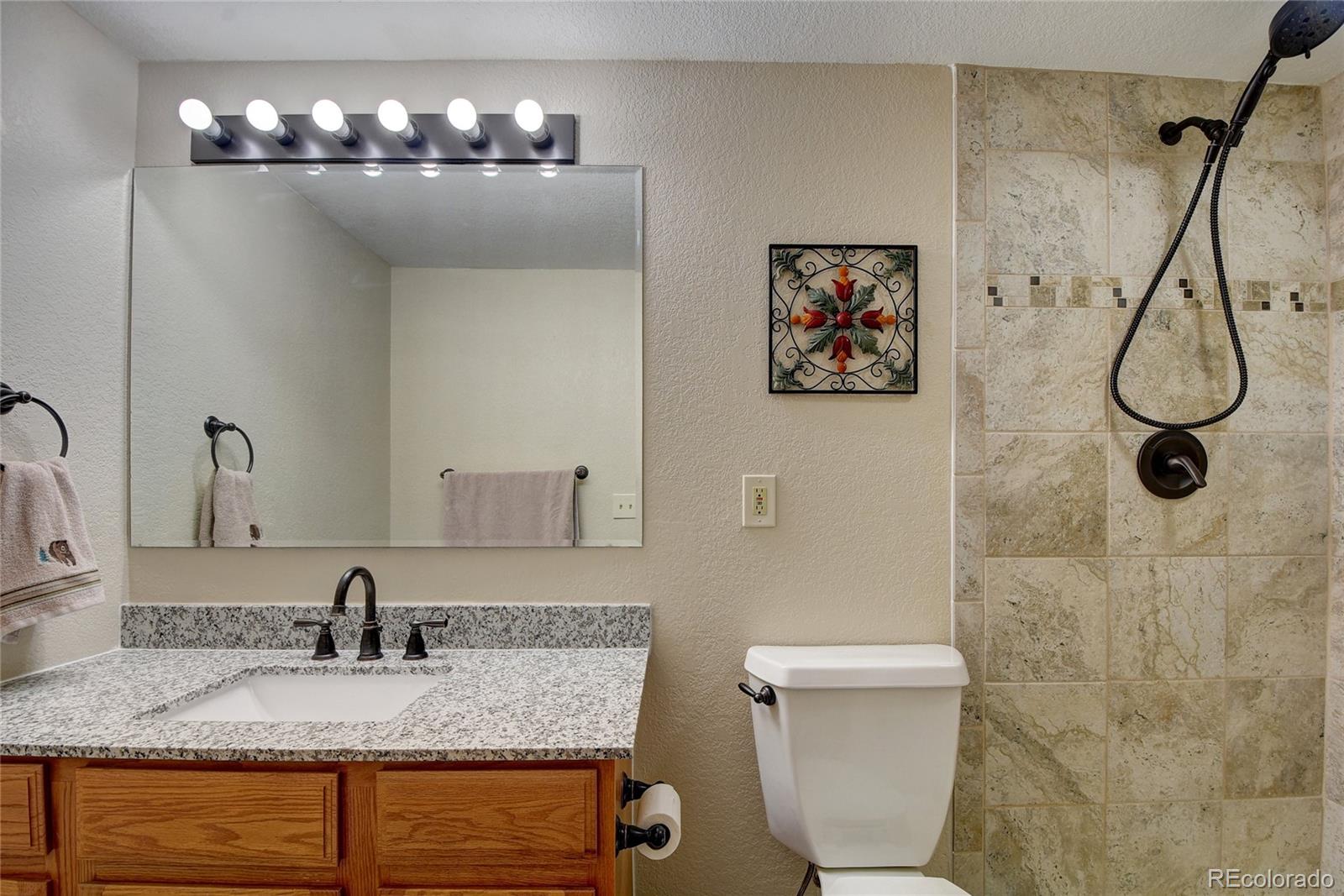32787 Little Cub Road Evergreen, CO 80439 - Photo 18 of 40 a bathroom with a granite countertop sink a toilet and mirror