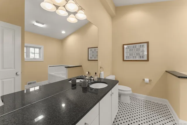 a bathroom with a sink a toilet and a mirror