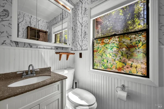 a bathroom with a granite countertop sink mirror vanity and toilet