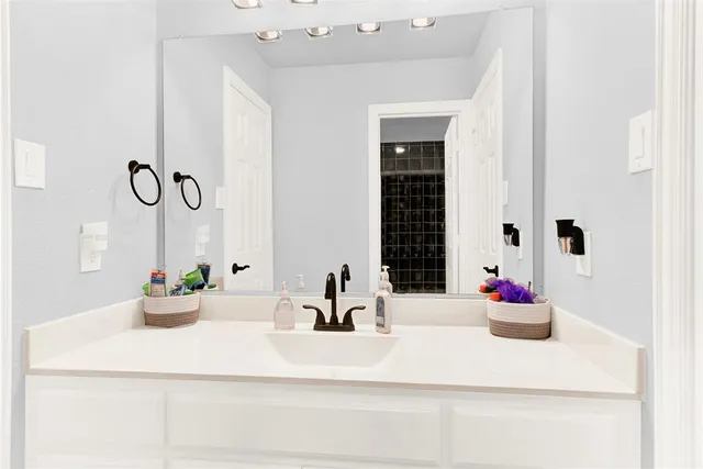 a bathroom sink with a potted plant