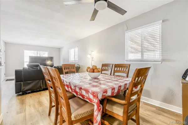a view of a dining room with furniture