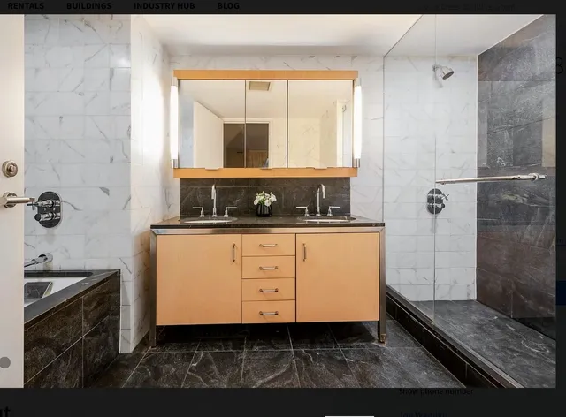 a bathroom with a double vanity sink a mirror and a shower