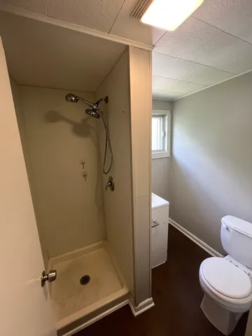 a bathroom with a toilet and a shower