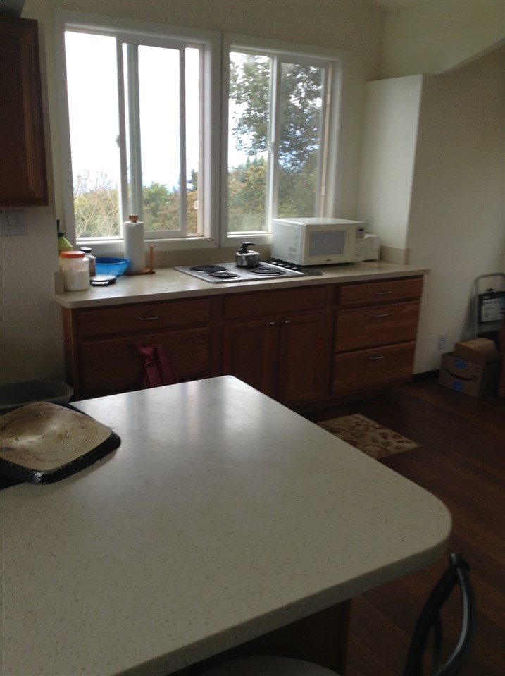 320 Ainakula Road Kula, HI 96790 - Photo 18 of 23 a kitchen with a sink a large window and a wooden floor