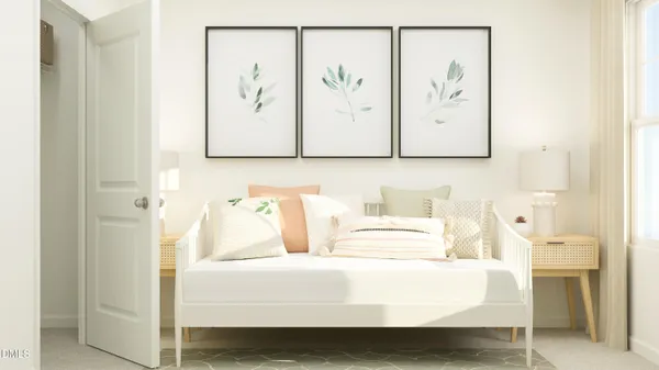 a bedroom with a bed and wall painting