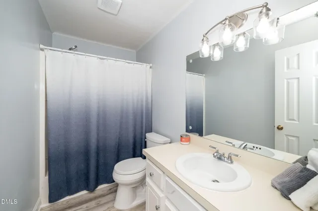 a bathroom with a sink a toilet and shower curtain